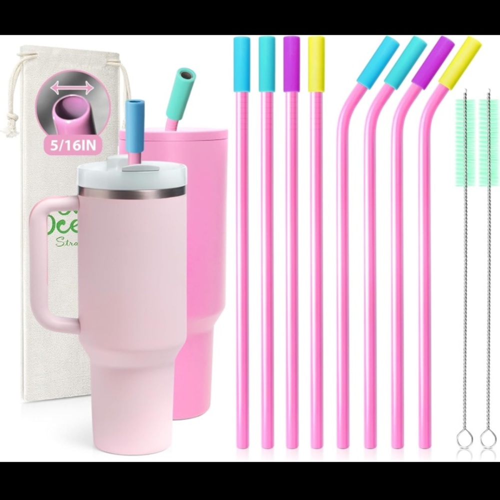 8-Pieces Stainless Steel Cocktail Straw Set,complete w/2 cleaning brushes & tips
